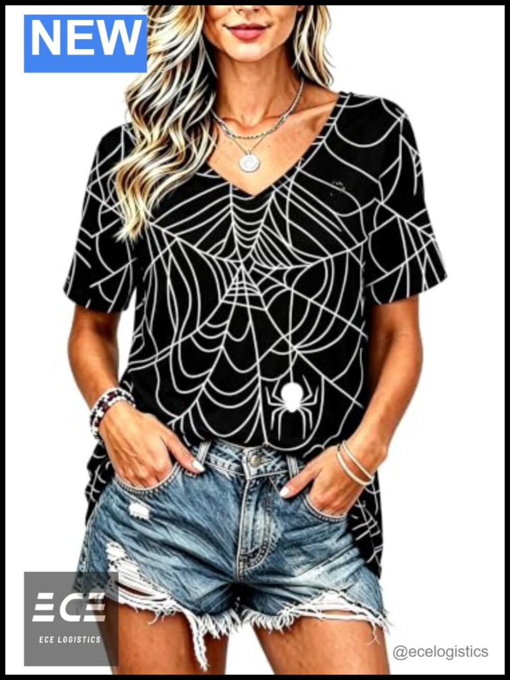 Halloween Shirt Women Short Sleeve V-Neck Spider Web Print Loose Fit Tee